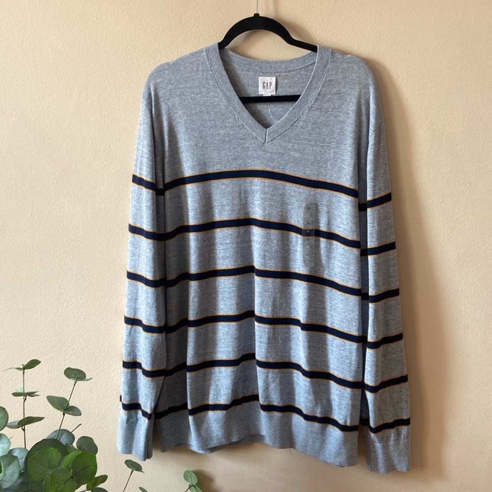 New GAP Mens XL Light Blue V Neck Knit Sweater Navy Gold Striped Cotton Casual